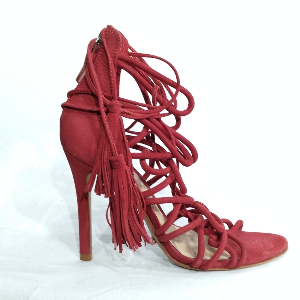 SCHUTZ Valquis Red Nubuck Leather Laced Caged Stiletto Heeled Sandals w/… - Picture 3 of 11